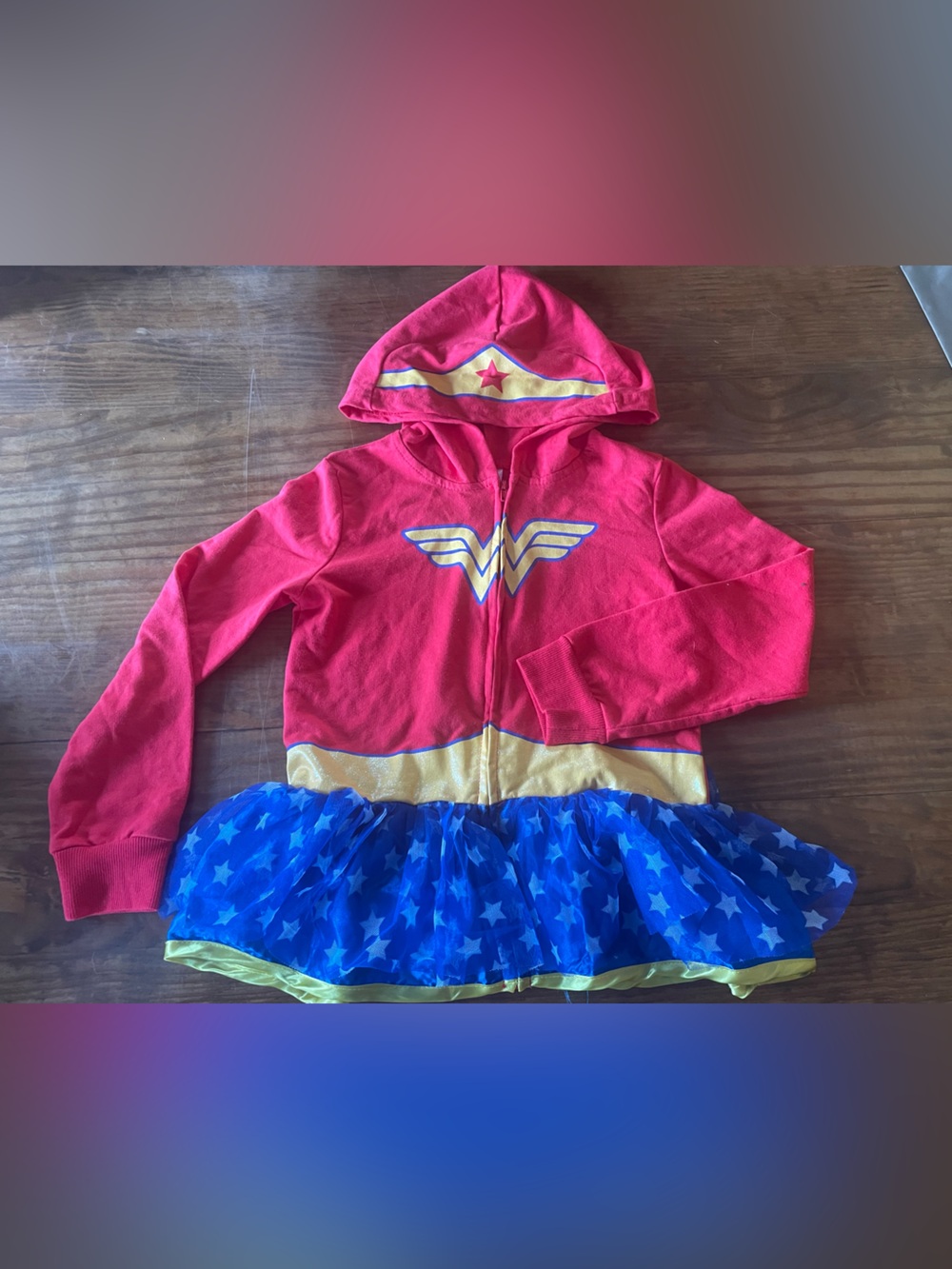 DC Comics Wonder Woman Hooded Jacket with Star Tulle Ruffle, Girls 7-8 NWOT